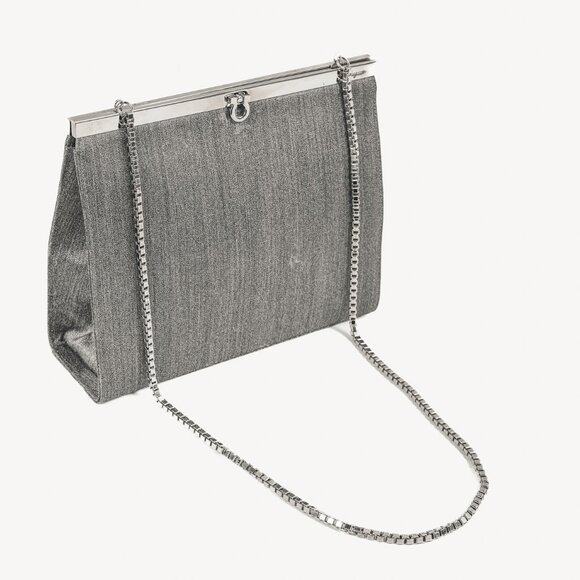 Salvatore Ferragamo Grey Flannel Gancini-Clasp Evening Bag - Picture 1 of 12